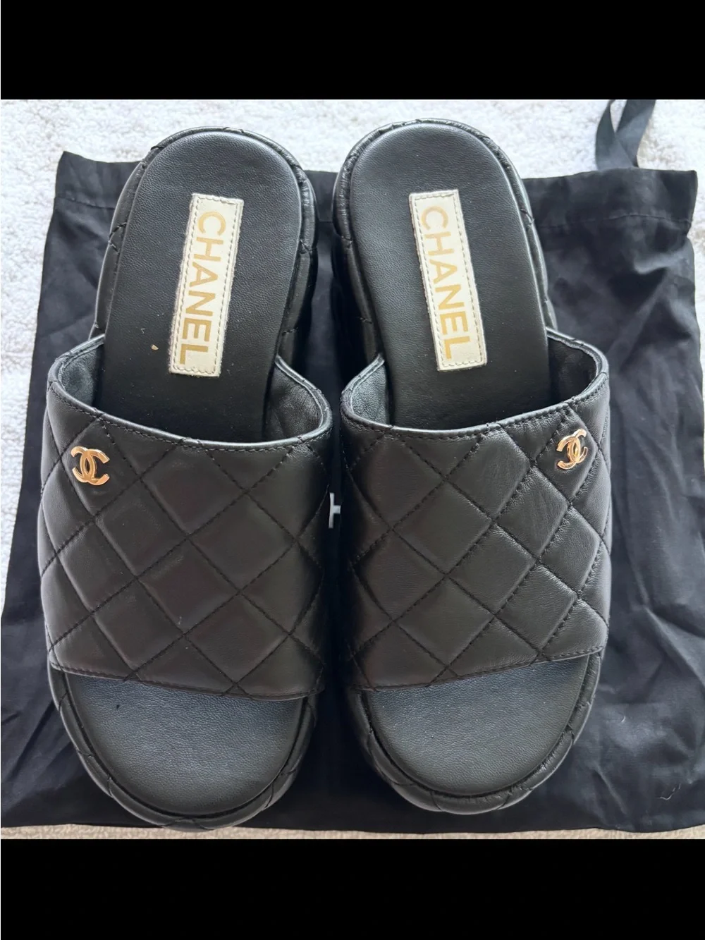 CHANEL Black Quilted Lambskin CC Platform Mules
